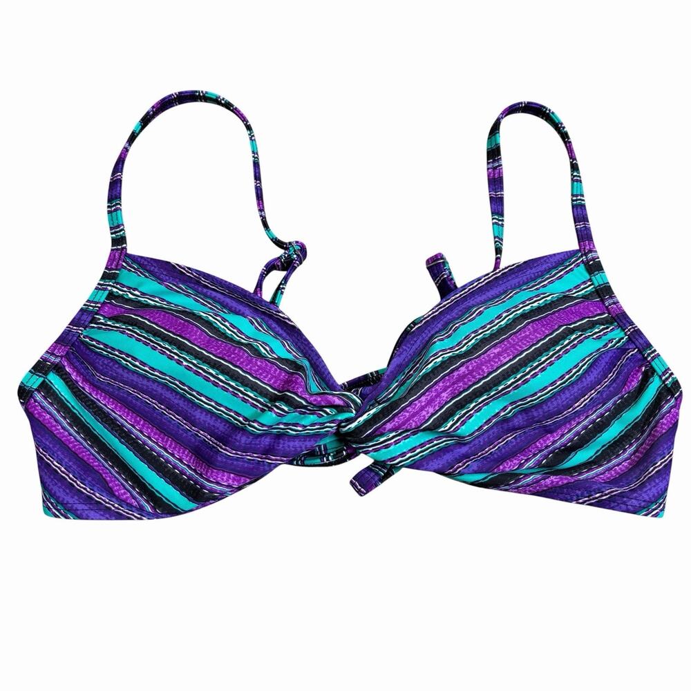 Athleta Santa Cruz Striped Knot Front Bikini Top Medium Purple Aqua Black Pads